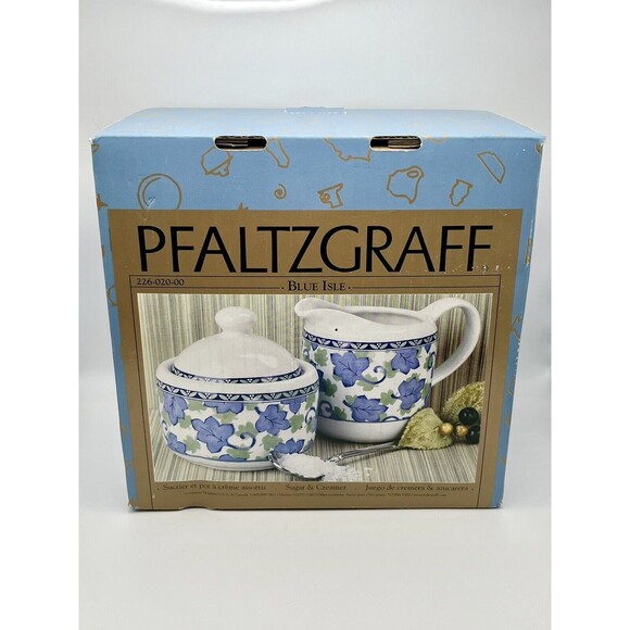 Pfaltzgraff Blue Isle 14 oz Creamer 10 oz Sugar Bowl Lid Set 1997 NEW IN BOX - Picture 9 of 12